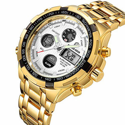 Picture of GOLDEN HOUR Luxury Stainless Steel Analog Digital Watches for Men Male Outdoor Sport Waterproof Big Heavy Wristwatch (Gold White)