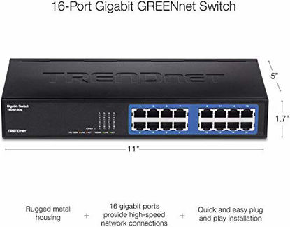 Picture of TRENDnet - TEG-S16DG 16-Port Unmanaged Gigabit GREENnet Desktop Metal Switch, TEG-S16DG, Ethernet Splitter, Ethernet/Network Switch, 16 x 10/100/1000 RJ-45 Ports, 32 Gbps Forwarding Capacity, Lifetime Protection Black