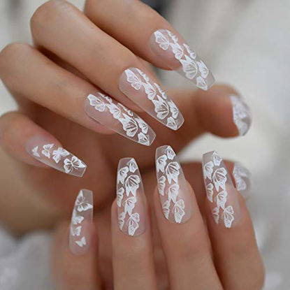 Picture of CoolNail 24pc Butterfly French Ballerina Coffin False Fake Nails Extra Long Press on Party Finger Wear Nail Tips 1 Sheet Jelly Sticker