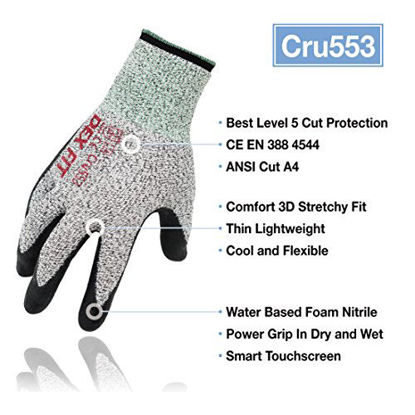 Picture of DEX FIT Level 5 Cut Resistant Gloves Cru553, 3D Comfort Stretch Fit, Power Grip Foam Nitrile, Smart Touch, Durable Thin & Lightweight, Machine Washable, Grey X-Small 1 Pair