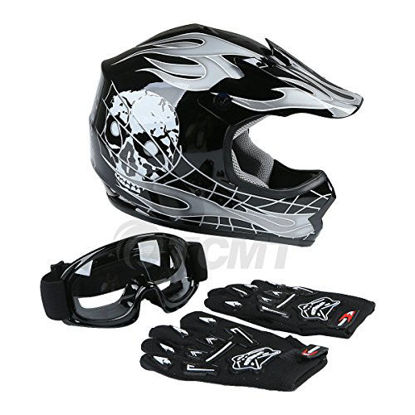 Picture of TCMT Dot Youth & Kids Motocross Offroad Street Helmet Black Skull Motorcycle Youth Helmet Dirt Bike Motocross ATV Helmet+Goggles+Gloves S