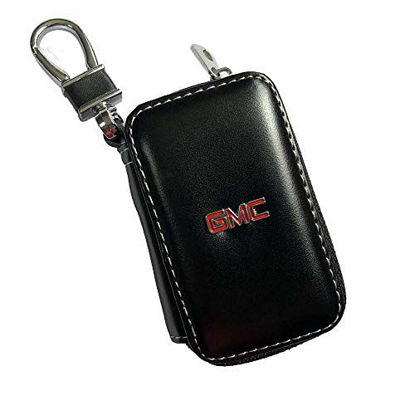 Picture of Gaocar Auto Parts Car Key case for GMC,Genuine Leather Car Smart Key Chain Keychain Holder Metal Hook and Keyring Zipper Bag for Remote Key Fob - Black (for GMC)