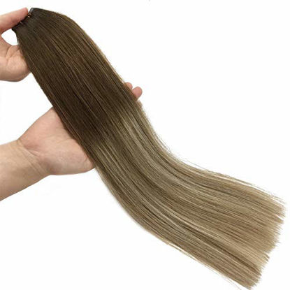 Picture of GOO GOO Blonde Tape in Hair Extensions 22 Inch Ombre Walnut Brown to Ash Brown and Bleach Blonde Remy Human Hair Extensions Tape in Hair Extensions Human Hair 20pcs 50g Long Brown Hair Extensions