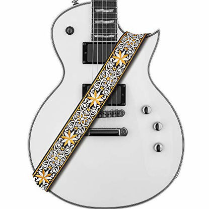 Picture of Amumu Hootenanny Embroidery Guitar Strap Yellow Cotton for Acoustic, Electric and Bass Guitars with Strap Blocks & Headstock Strap Tie - 2" Wide