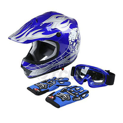 Picture of TCMT Dot Youth & Kids Motocross Offroad Street Helmet Blue Skull Motorcycle Youth Dirt Bike Motocross ATV Helmet+Goggles+Gloves (XL, Blue)