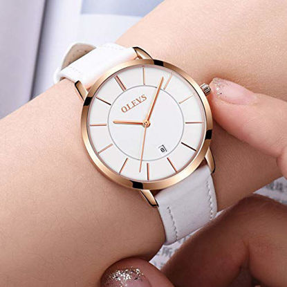 Picture of OLEVS Women Wrist Watches Ultra Thin 6.5mm Minimalist Dress Fashion White Leather Strap White Face Quartz Waterproof Date Day Slim Watches for Ladies