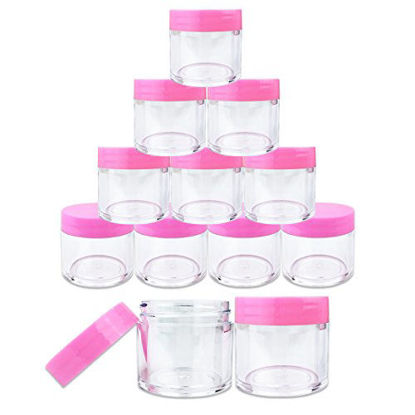 Picture of Beauticom 12 Piece 1 oz. USA Acrylic Round Clear Jars with Flat Top Lids for Creams, Lotions, Make Up, Cosmetics, Samples, Herbs, Ointments (12 Pieces Jars + Lids, PINK)