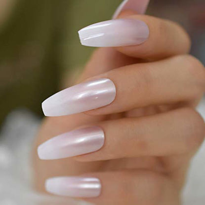 Picture of Glossy Pearl Pink Gradient French Coffin Fake Nails Extra Long Ballerina Artificial False Salon Party Nail Tips Faux Ongle