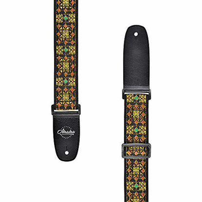 Picture of Amumu Guitar Strap Sparkly Golden Thread Embroidery Cotton for Acoustic, Electric and Bass Guitars with Strap Blocks & Headstock Strap Tie - 2" Wide