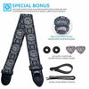 Picture of Guitar Strap Royal Black Silver Woven W/FREE BONUS- 2 Picks + Strap Locks + Strap Button. For Bass, Electric & Acoustic Guitars Stocking Stuffer. Awesome Christmas Gift for Men & Women Guitarists