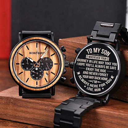 Picture of BOBO BIRD Mens Personalized Engraved Wooden Watches, Stylish Wood & Stainless Steel Combined Quartz Casual Wristwatches for Men Family Friends Customized Watch (A-for Son from Mom)