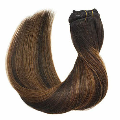 Picture of GOO GOO Human Hair Extensions Clip in Balayage Dark Brown to Chestnut Brown 7pcs 120g 18 Inch Real Remy Hair Extensions Clip in Straight Thick Hair Extensions