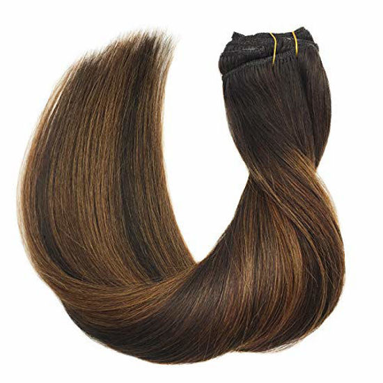Picture of GOO GOO Human Hair Extensions Clip in Balayage Dark Brown to Chestnut Brown 7pcs 120g 18 Inch Real Remy Hair Extensions Clip in Straight Thick Hair Extensions