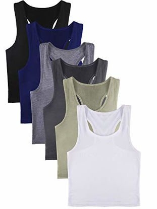 Picture of 6 Pieces Basic Crop Tank Tops Sleeveless Racerback Crop Sport Cotton Top for Women (Black, White, Dark Grey, Navy, Grey, Olive, Medium)