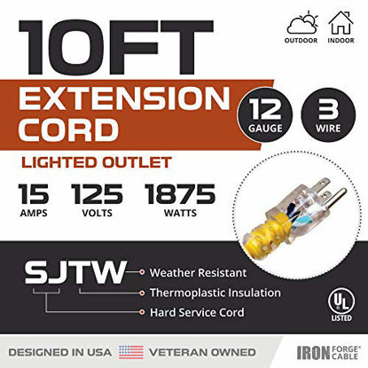 Picture of 10 Foot Lighted Outdoor Extension Cord - 12/3 SJTW Heavy Duty Yellow Extension Cable with 3 Prong Grounded Plug for Safety - Great for Garden and Major Appliances