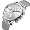 Picture of Mens Watch Fashion Sleek Minimalist Quartz Analog Mesh Stainless Steel Waterproof Chronograph Watches, Auto Date in Blue Hands, Color: Silver White