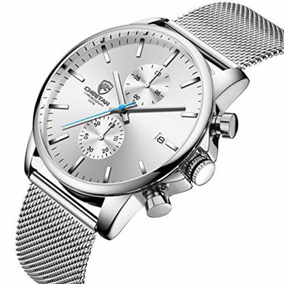 Picture of Mens Watch Fashion Sleek Minimalist Quartz Analog Mesh Stainless Steel Waterproof Chronograph Watches, Auto Date in Blue Hands, Color: Silver White