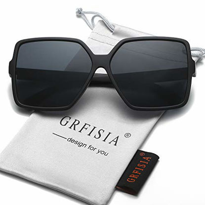 Picture of GRFISIA Square Oversized Sunglasses for Women Men Flat Top Fashion Shades (Black Frame/Black Lens, 2.36)
