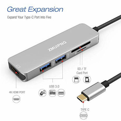 Picture of ZMUIPNG USB C Hub Adapter for Macbook Pro Air 2020/2019/2018,Surface Go,5 in 1 USBC Type C Dongle with 4K HDMI, 2 USB 3.0 Ports,SD/Micro SD Card Reader