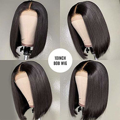 Picture of 10 Inch Short Bob Wigs Human Hair Lace Closure Wigs Brazilian Virgin Human Hair Straight Bob lace Front Wigs For Black Women Pre Plucked with Baby Hair Natural Black