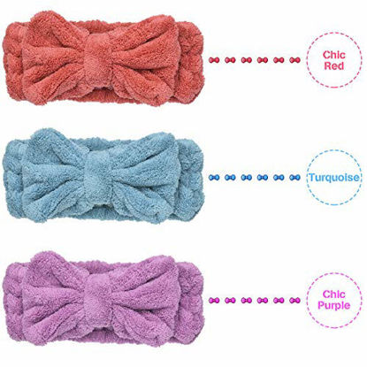 Picture of 3 Pack Microfiber Bowtie Headbands Makeup Headbands Wash Spa Yoga Sports Shower Facial Adjustable Hair Band for Girls and Women (Chic Purple, Chic Red, Turquoise)