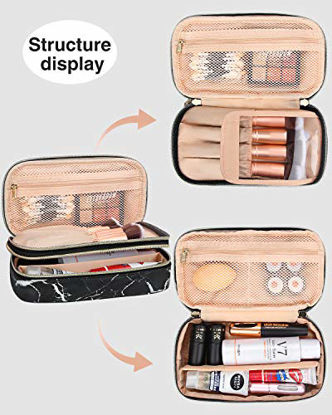 Picture of Makeup Brush Cosmetic Organizer Portable 2 layer Small Makeup Pouch Holder PU Leather Case with Carry Handle for Travel (Marble black)