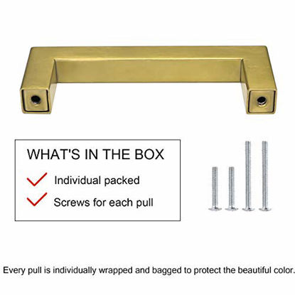 Picture of goldenwarm Brushed Brass Cabinet Hardware Kitchen Cabinet Handles 10 Pack - LSJ12GD76 Square Dresser Drawer Handles for Cabinets Hardware Brushed Brass Pulls 3"(76mm) Hole Centers,5"(128mm) Overall
