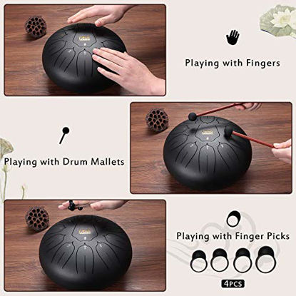 Picture of FOUR UNCLES Steel Tongue Drum, Percussion Instrument Handpan Drum C/D Key with Bag, Music Book and Mallets for Meditation Entertainment Musical Education Concert Yoga (10 inch, Black)