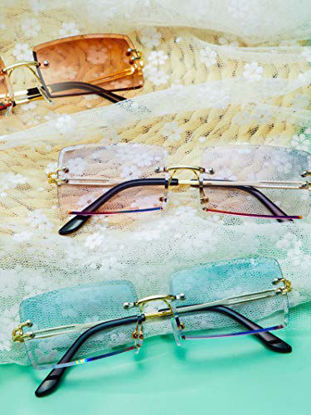 Picture of 3 Pairs Rimless Rectangle Sunglasses Tinted Frameless Eyewear Vintage Transparent Rectangle Glasses for Women Men (Tea, Purple Pink, Blue Pink)