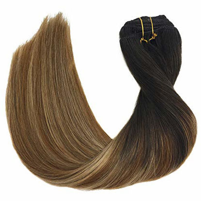 Picture of GOO GOO Remy Hair Extensions Clip in Human Hair Extensions Ombre Dark Brown Fading to Chestnut Brown and Dirty Blonde Natural Clip in Extensions Balayage Hair Extensions 7pcs 120g 16 inch