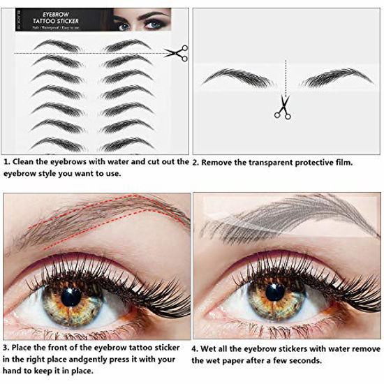 Picture of 6 Sheets 4D Hair-Like Waterproof Eyebrow Tattoos Stickers Eyebrow Transfers Stickers Grooming Shaping Eyebrow Sticker in Arch Style for Women and Girls, 66 Pairs (High Arch Eyebrow)