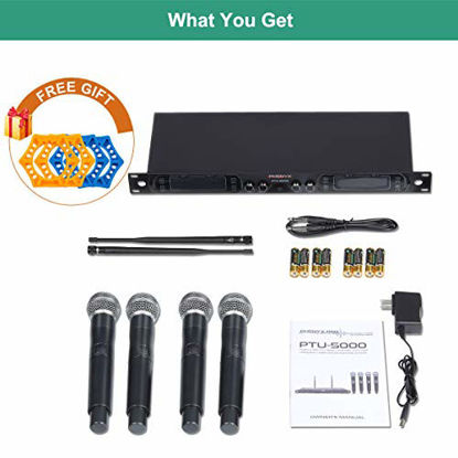 Picture of Wireless Microphone System, Phenyx Pro 4-Channel UHF Cordless Mic Set With Four Handheld Mics, All Metal Build, Fixed Frequency, Long Range 260ft, Ideal for Church,Karaoke,Weddings, Events (PTU-5000A)