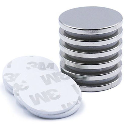 Picture of Super Strong Neodymium Disc Magnets with Double-Sided Adhesive, Powerful Permanent Rare Earth Magnets. Fridge, DIY, Building, Scientific, Craft, and Office Magnets, 1.26 inch D x 1/8 inch H - 6 Packs