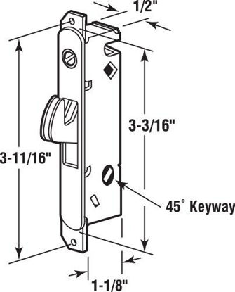 Picture of Prime-Line E 2014 Mortise Lock - Adjustable, Spring-Loaded Hook Latch Projection for Sliding Patio Doors Constructed of Wood, Aluminum and Vinyl, 3-11/16, 45 Degree Keyway, Round Face