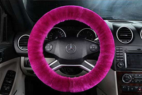 Picture of ANDALUS Car Steering Wheel Cover, Fluffy Pure Australia Sheepskin Wool, Universal 15 inch (Hot Pink)