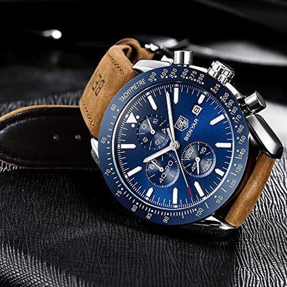 Picture of BENYAR Classic Fashion Elegant Chronograph Casual Sports Brown Leather Strap Men's Watch (Silver Blue)