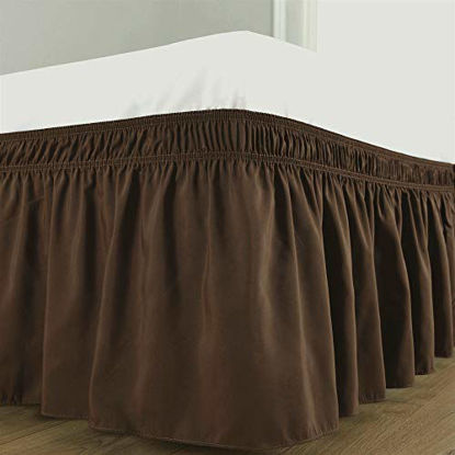 Picture of Biscaynebay Wrap Around Bed Skirts Elastic Dust Ruffles, Easy Fit Wrinkle and Fade Resistant Silky Luxrious Fabric Solid Color, Brown for Queen Size Beds 15 Inches Drop
