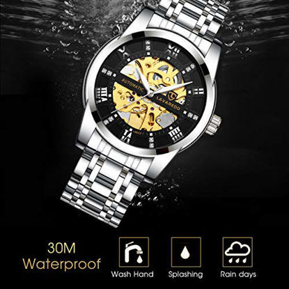 Picture of Mens Watch Mechanical Stainless Steel Skeleton Waterproof Automatic Self-Winding Rome Number Diamond Dial Wrist Watch