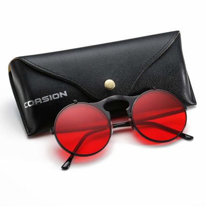 Picture of COASION Vintage Round Flip Up Sunglasses for Men Women Juniors John Lennon Style Circle Sun Glasses(Black Frame/Red Lens)