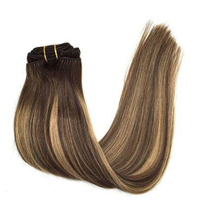 Picture of GOO GOO 22 inch Ombre Clip in Hair Extensions Chocolate Brown to Caramel Blonde Remy Clip in Human Hair Extensions Straight Balayage Real Natural Hair Extensions 120g 7pcs