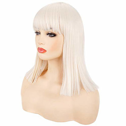 Picture of Morvally Short Straight Bob Wig Heat Resistant Hair with Blunt Bangs Natural Looking Cosplay Costume Daily Wigs (14", Blonde)