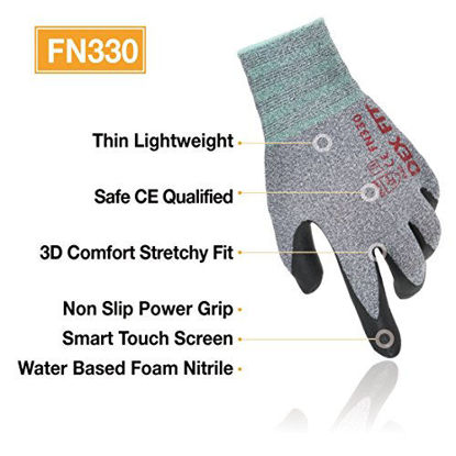 Picture of DEX FIT Nitrile Work Gloves FN330, 3D Comfort Stretch Fit, Durable Power Grip Foam Coated, Smart Touch, Thin Machine Washable, Grey X-Large 3 Pairs Pack