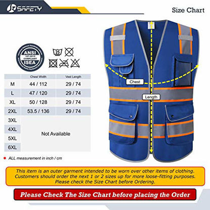 Picture of JKSafety 9 Pockets High Visibility Zipper Front Safety Vest | Blue with Dual Tone High Reflective Strips | Meets ANSI/ISEA Standards (Blue Orange Strips, XX-Large)