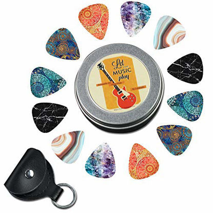 Picture of Guitar Picks - Cheliz 12 Medium Gauge Celluloid Guitar Picks In a Box W/Picks Holder. Unique Guitar Gift For Bass, Electric & Acoustic Guitars (Flower Stone)