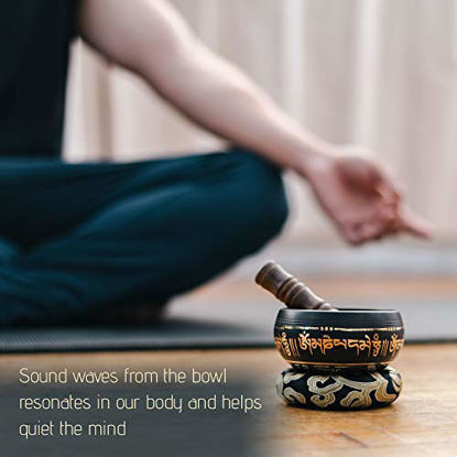 Picture of Tibetan Singing Bowl Set ~ Easy to Play with Fabric Case, Cushion, and Mallet ~ Handcrafted in Nepal for Meditation, Yoga, Spiritual Healing and Mindfulness
