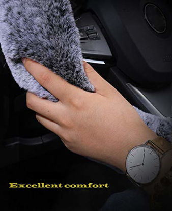 Picture of 3Pcs Set Womens Winter Fashion Wool Fur Soft Furry Steering Wheel Covers Red Fluffy Handbrake Cover Gear Shift Cover Fuzz Warm Non-slip Car Decoration Long Hair