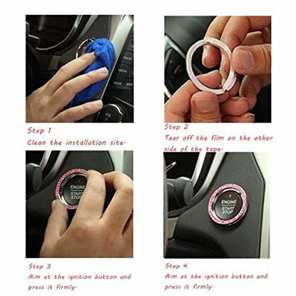 Picture of 2 Piece Automotive Interior Emblem Crystal Bling Ring Sticker&Bling Start Stop Button Cover,Car Parts Engine Lgnition Button Set,Automotive Glam Interior Accessory,Knob Bling Ring Women Gift (Pink)