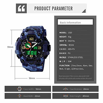 Picture of Mens Digital Watches 50M Waterproof Outdoor Sport Watch Military Multifunction Casual Dual Display Stopwatch Wrist Watch for Men - 1520 Blue Camo