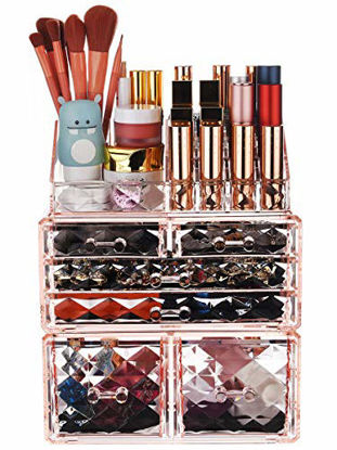 Picture of ZHIAI Makeup Organizer Acrylic Cosmetic Storage Drawers and Jewelry Display Box Transparent (Style A(Pink Diamond): 1 Top, 2 Small, 2 Large, 2 Square Drawers)