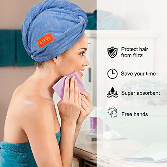 GetUSCart- Lovife Microfiber Hair Towel Wrap 2 Pack Quick Drying Towels  Hair Drying Turban Towel with Button Absorbent Cap for Long & Curly Hair  Anti-Frizz (Grey+Blue)
